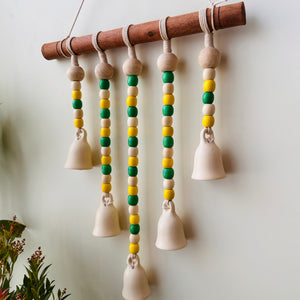 IVORY LABURNUM | Beads and Bells Wall hanging | 5 beaded bells on a wooden dowel with ceramic hook | Handmade Decor