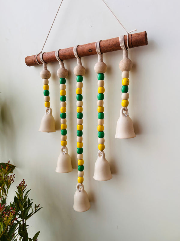 IVORY LABURNUM | Beads and Bells Wall hanging | 5 beaded bells on a wooden dowel with ceramic hook | Handmade Decor