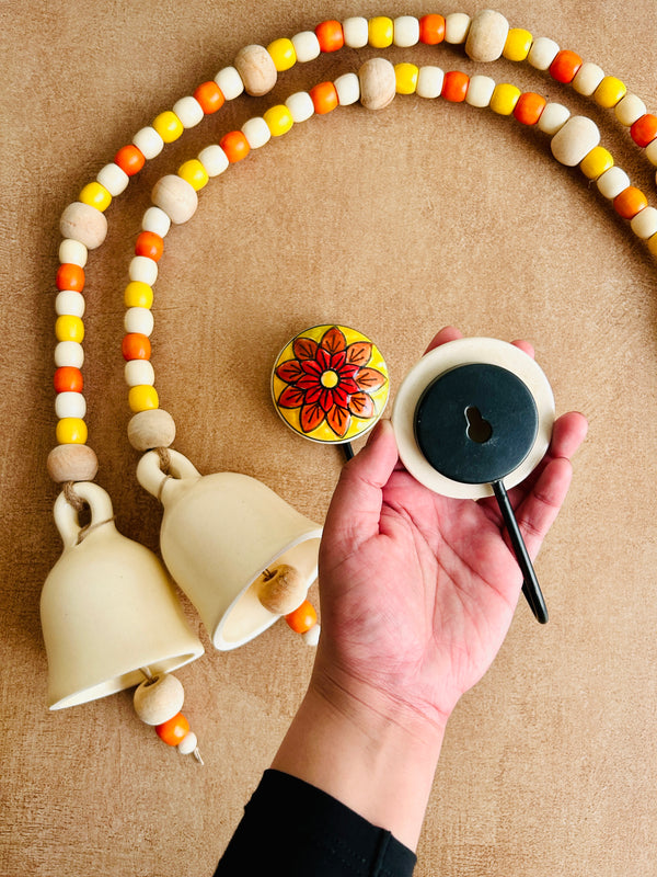 Marigold | Pair of Boho Ivory | Backdrop Ceramic Beaded Bells | With 2 ceramic wall hooks
