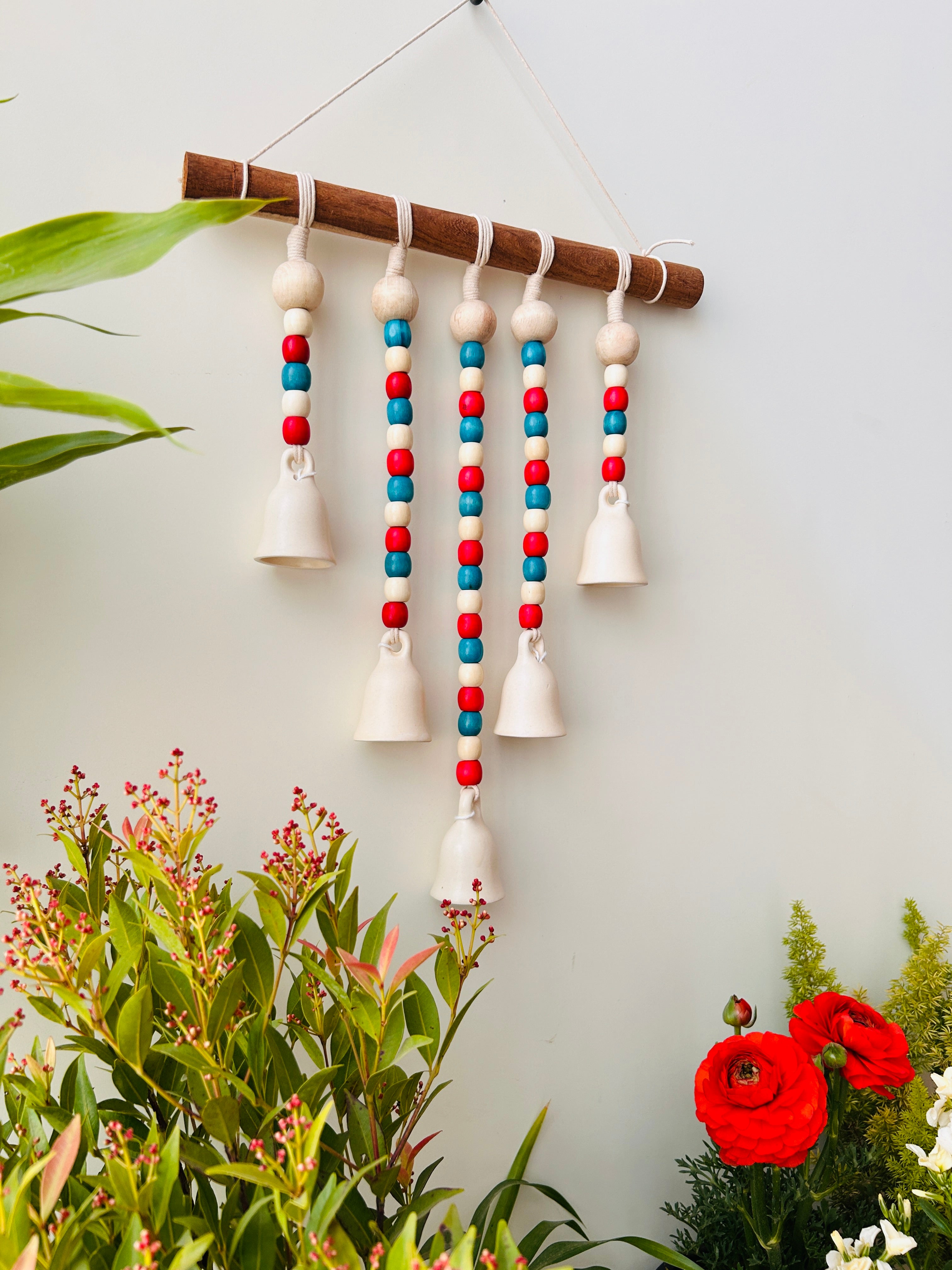 IVORY GULMOHAR | Beads and Bells Wall hanging | 5 beaded bells on a wooden dowel with ceramic hook | Handmade Decor