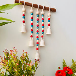 IVORY GULMOHAR | Beads and Bells Wall hanging | 5 beaded bells on a wooden dowel with ceramic hook | Handmade Decor