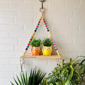 Natural Wood Colorful Beaded Shelf | With Ceramic Planters and Hook