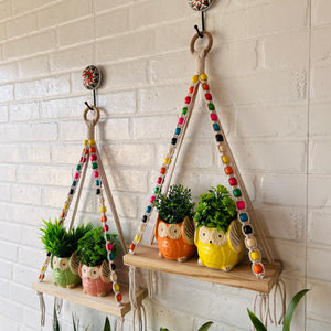 Natural Wood Colorful Beaded Shelf | With Ceramic Planters and Hook
