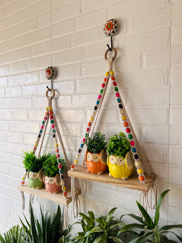 Natural Wood Colorful Beaded Shelf | With Ceramic Planters and Hook