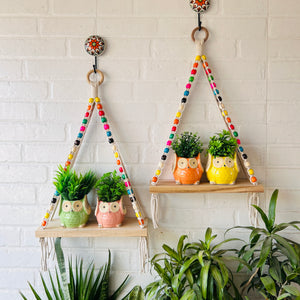 Natural Wood Colorful Beaded Shelf | With Ceramic Planters and Hook