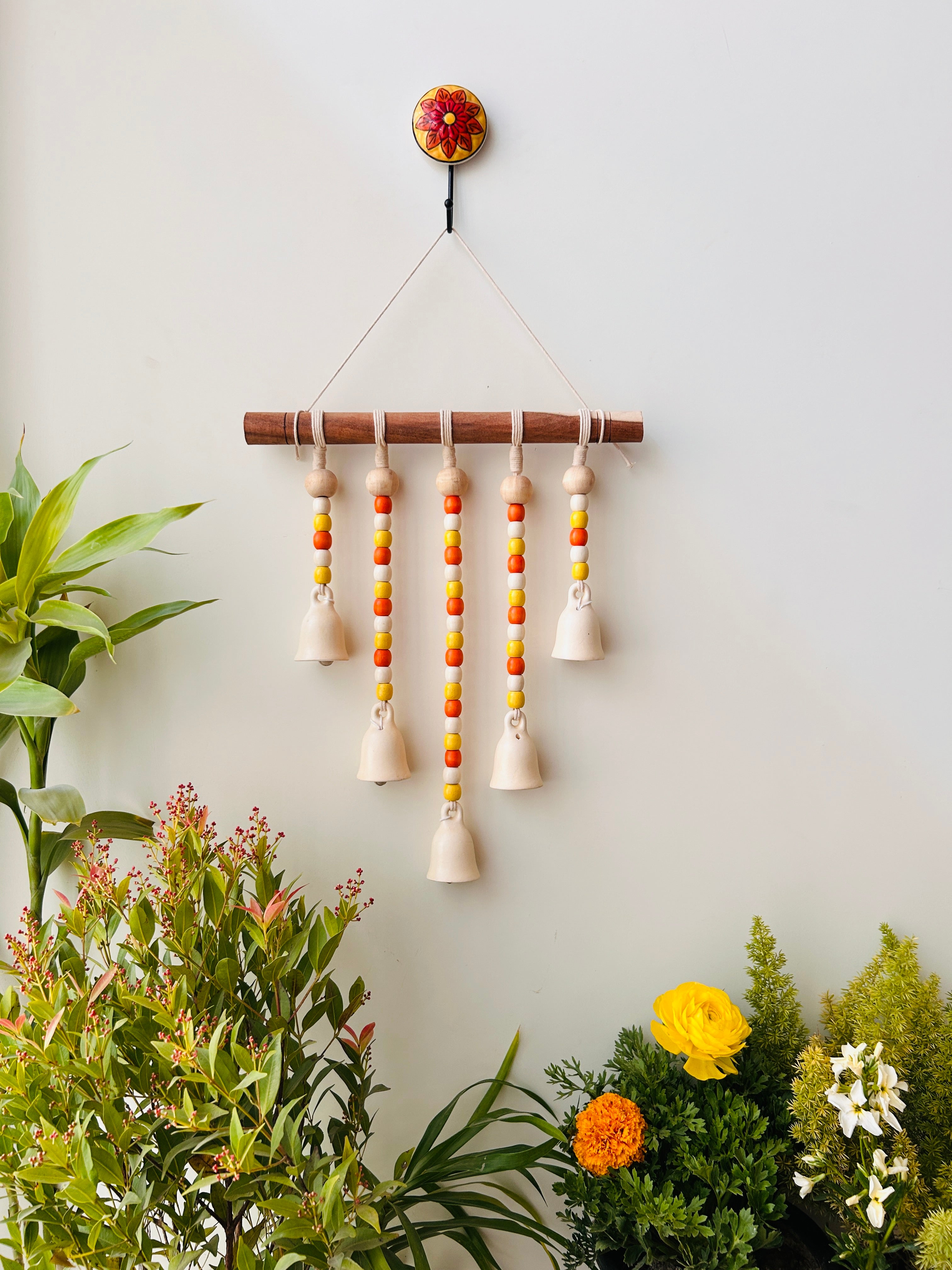 IVORY SUNFLOWER | Beads and Bells Wall hanging | 5 beaded bells on a wooden dowel with ceramic hook | Handmade Decor