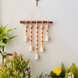 IVORY SUNFLOWER | Beads and Bells Wall hanging | 5 beaded bells on a wooden dowel with ceramic hook | Handmade Decor