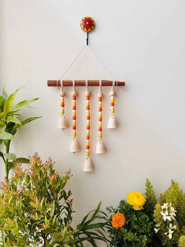 IVORY SUNFLOWER | Beads and Bells Wall hanging | 5 beaded bells on a wooden dowel with ceramic hook | Handmade Decor