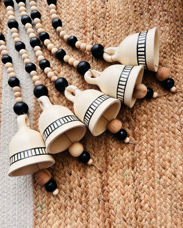 Midnight Ivory Ceramic Beaded Bells | With Ceramic wall hooks- MONOCHROME