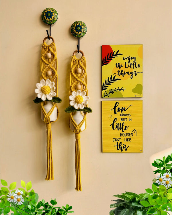 Mac-crochet Collection |Love Grows in little houses wall set up | with macrame hangers and crochet flowers