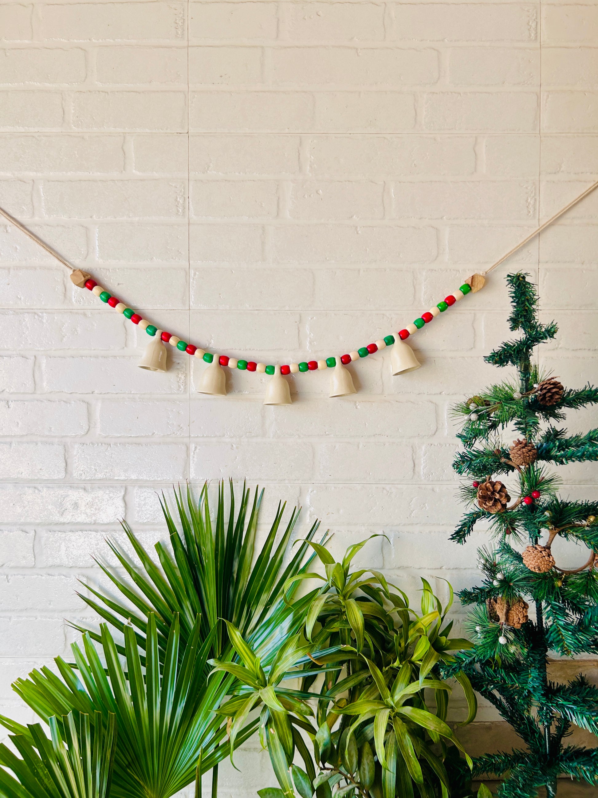 INDIAN ROSE | Handmade Bunting with Small Ceramic Ivory Bells | Beaded Toran for Entrance Decor