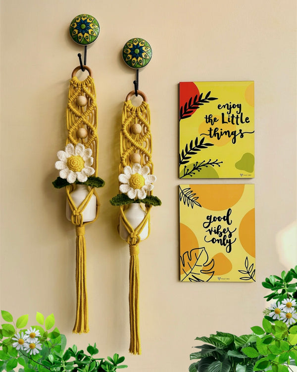 Mac-crochet Collection | Good Vibes only wall set up | with macrame hangers and crochet flowers