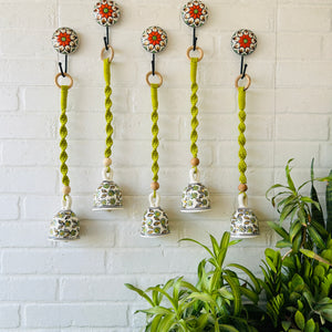 SET OF FIVE - EVERGREEN | Ceramic Macrame Bells with Ceramic Hooks (Buy 4 get 1 free)