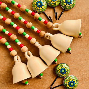 INDIAN ROSE | Set of 5 of Ceramic Beaded Handmade Bells with 5 Ceramic Hand painted wall hooks