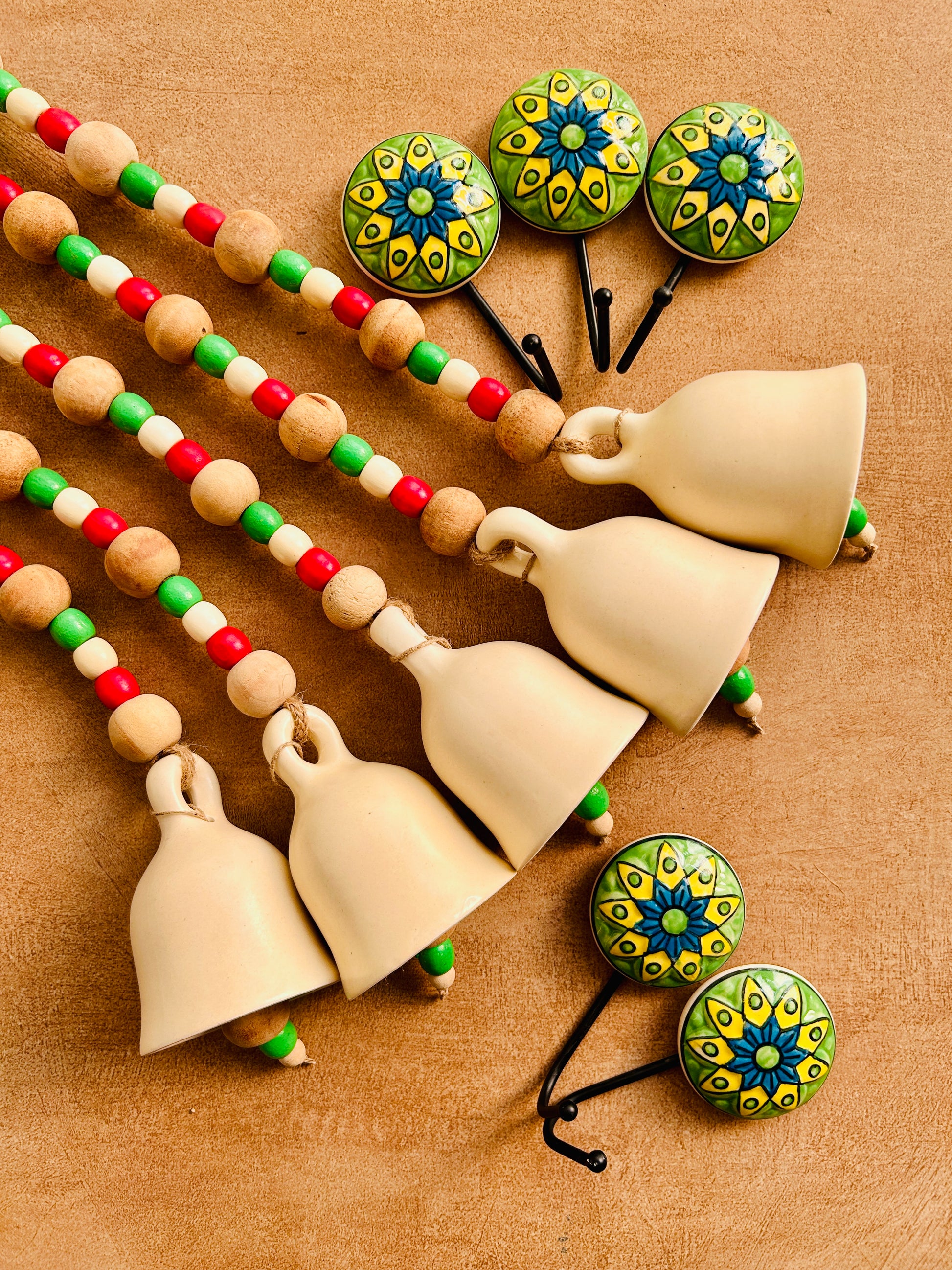 INDIAN ROSE | Set of 5 of Ceramic Beaded Handmade Bells with 5 Ceramic Hand painted wall hooks