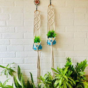 Double Diamond Macrame Plant Hangers With Owl Planters | Set of 2