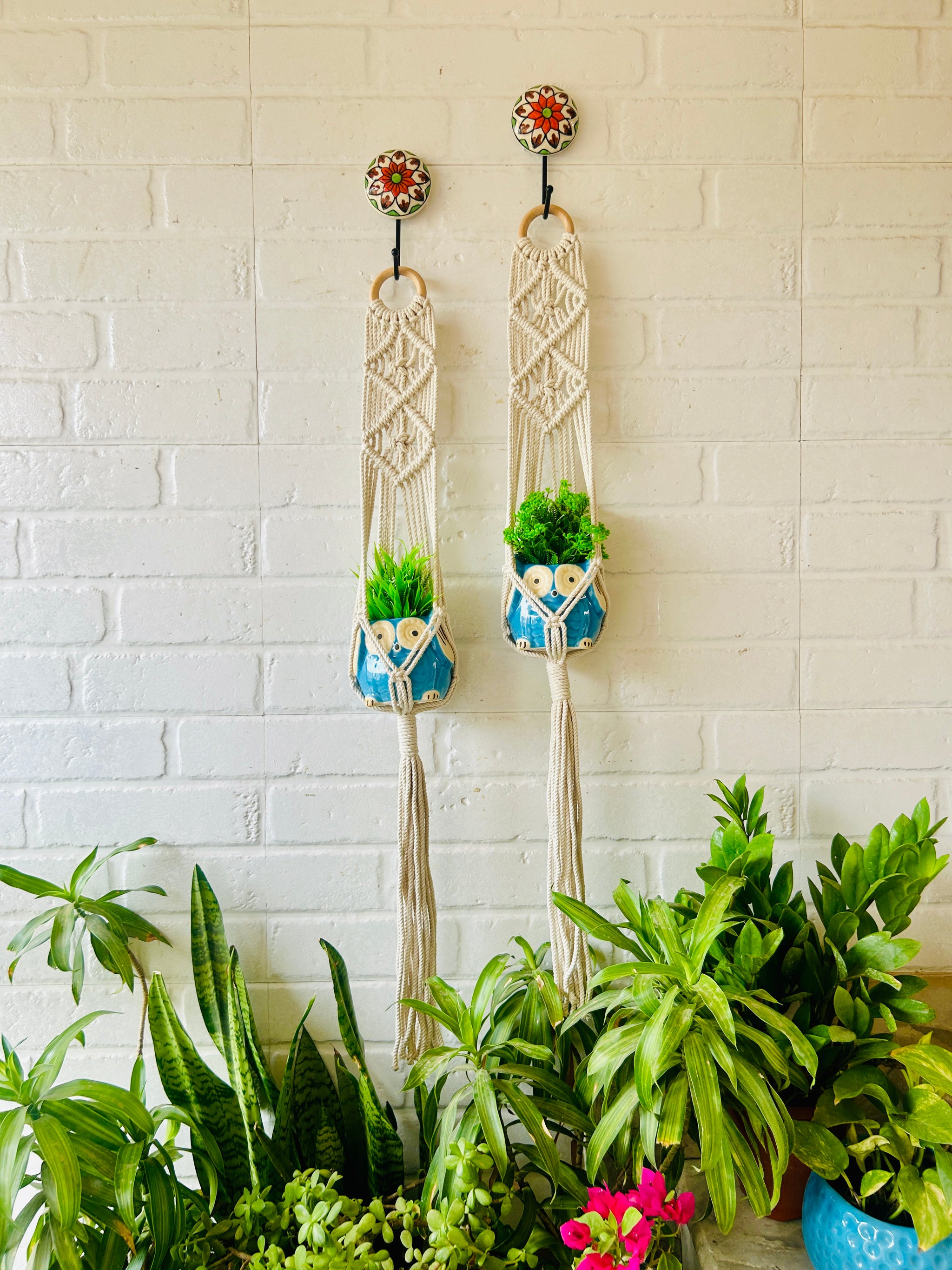 owl macrame plant hanger Double Diamond Macrame Plant Hangers With Owl Planters