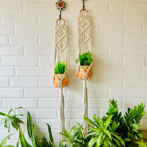 Double Diamond Macrame Plant Hangers With Owl Planters | Set of 2