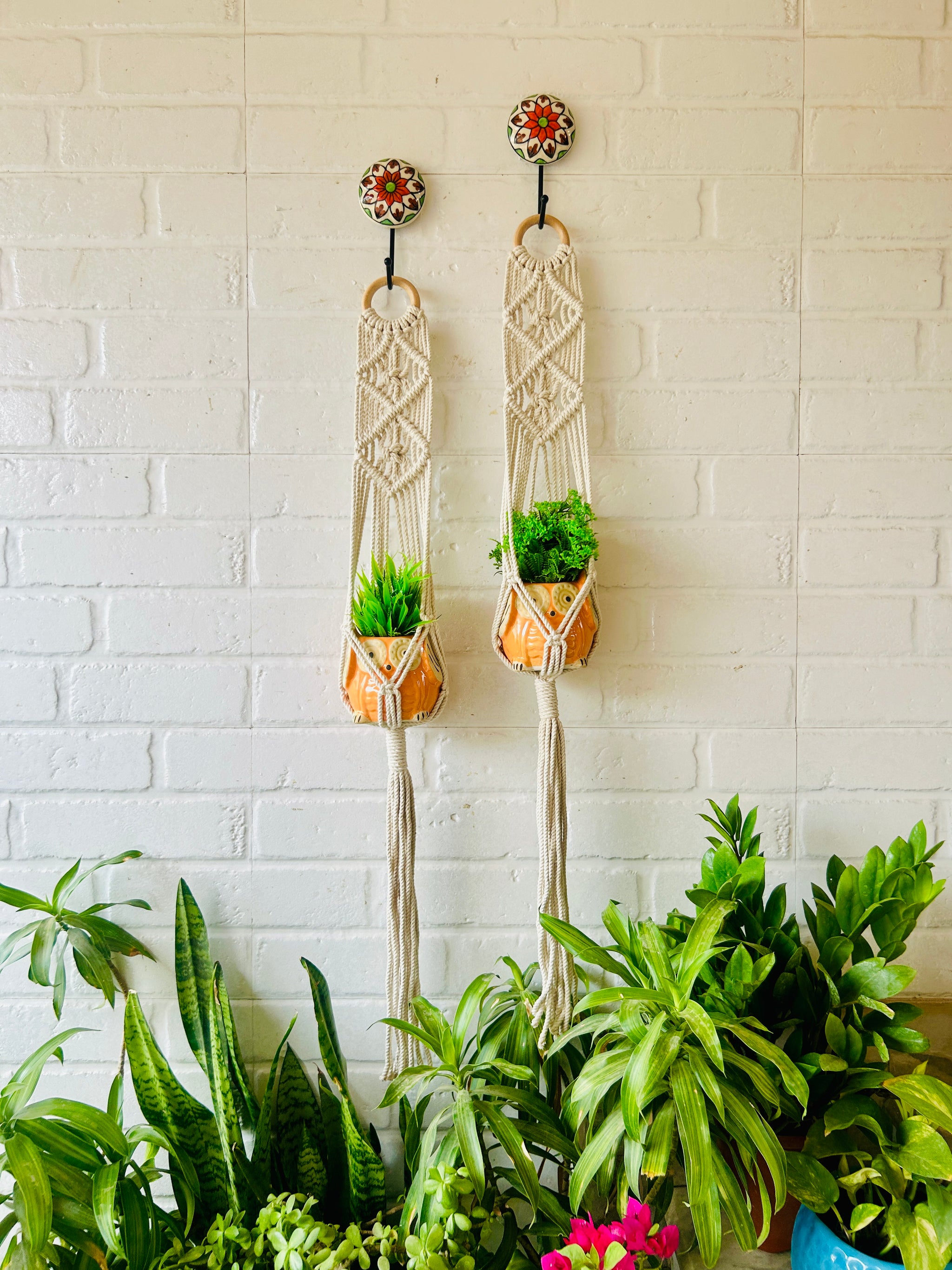 diamond macrame plant hanger Double Diamond Macrame Plant Hangers With Owl Planters