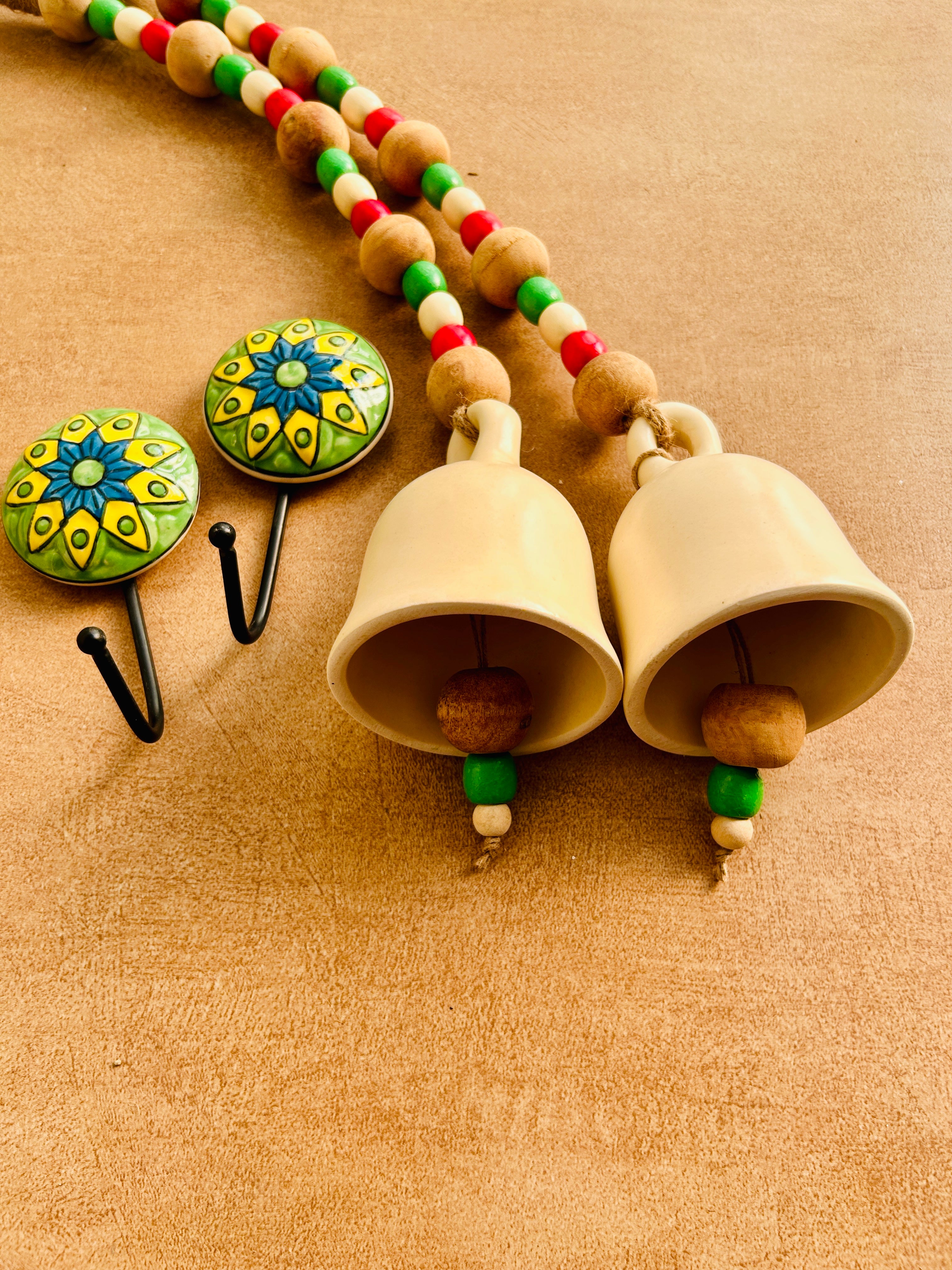 CHRISTMAS EDITION |Pair of Ceramic Beaded Handmade Bells with 2 Ceramic Hand painted wall hooks