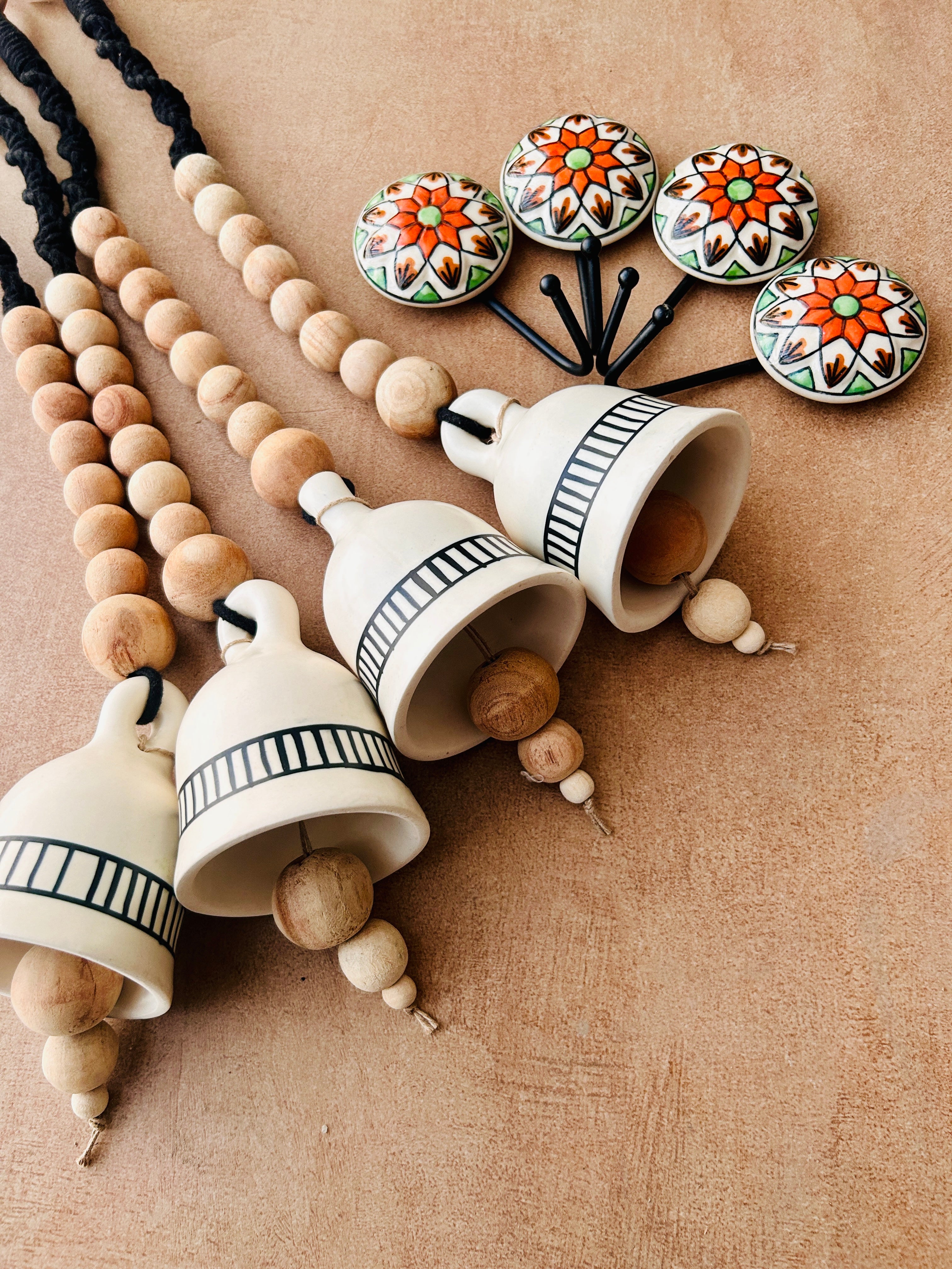 Monochrome Melody | BOHO IVORY Ceramic-Beaded-Macrame | Set of 4 bells with 4 ceramic wall hooks