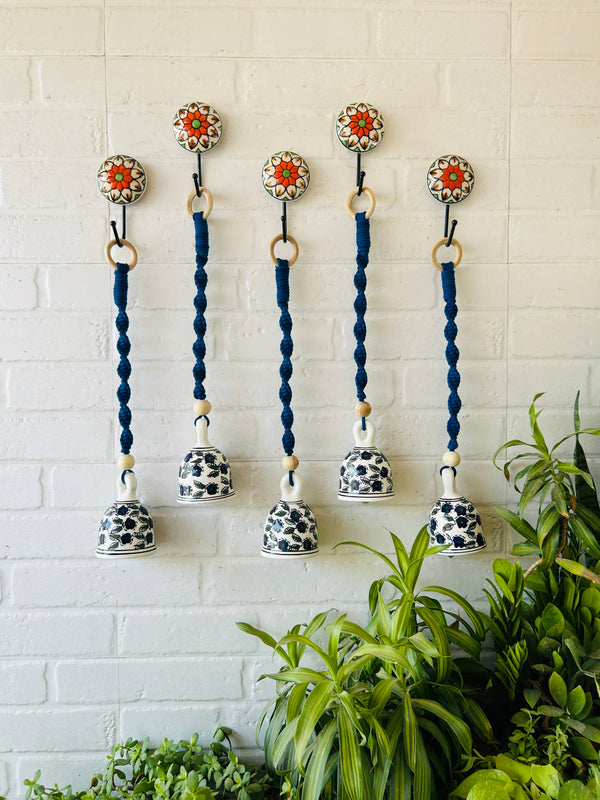 SET OF FIVE - SAPPHIRE | Ceramic Macrame Bells with Ceramic Hooks (Buy 4 get 1 free)