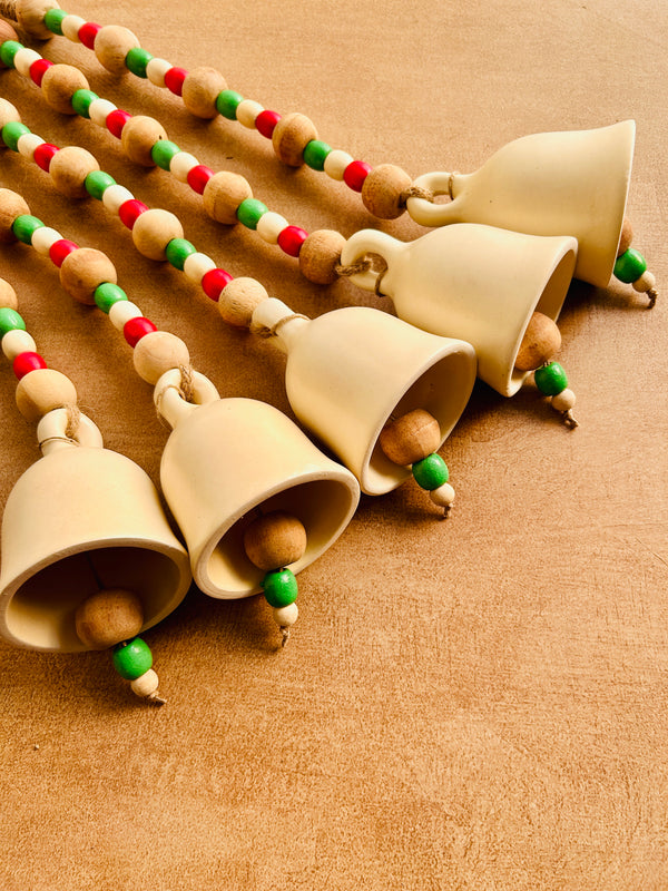 CHRISTMAS EDITION |Set of 5 of Ceramic Beaded Handmade Bells with 5 Ceramic Hand painted wall hooks