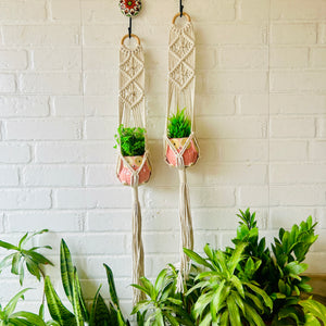 Double Diamond Macrame Plant Hangers With Owl Planters | Set of 2