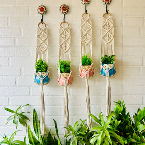 Double Diamond Macrame Plant Hangers With Owl Planters | Set of 4
