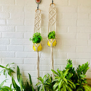 Double Diamond Macrame Plant Hangers With Owl Planters | Set of 2
