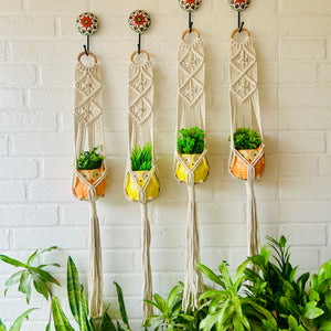 Double Diamond Macrame Plant Hangers With Owl Planters | Set of 4