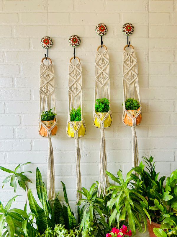 Double Diamond Macrame Plant Hangers With Owl Planters | Set of 4