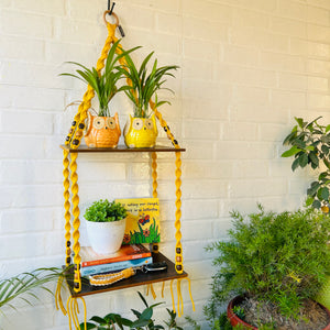 Double Tier Macrame Shelf (Yellow)  with Ceramic hook