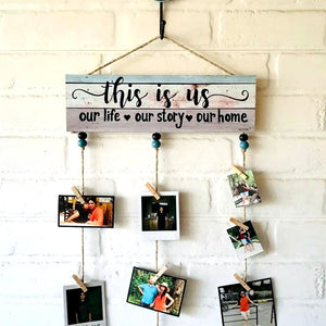"This Is Us"" photo hanger with ceramic hook (Shades of Blue)