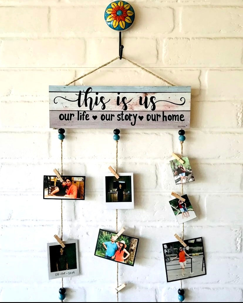 "This Is Us"" photo hanger with ceramic hook (Shades of Blue)