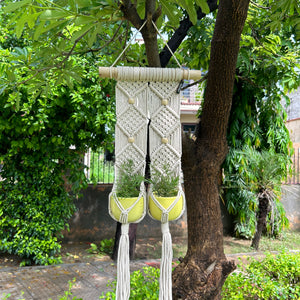Macrame Double Plant Hanger with ceramic yellow pots and hook