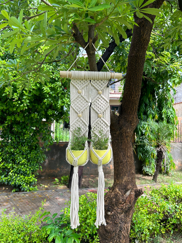 Macrame Double Plant Hanger with ceramic yellow pots and hook