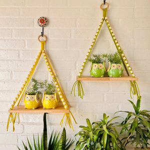 Colorful Macrame and beads shelf with two ceramic planters and one ceramic hook | Set of 2