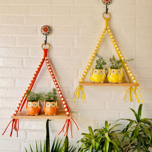 Colorful Macrame and beads shelf with two ceramic planters and one ceramic hook | Set of 2