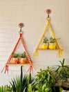 Colorful Macrame and beads shelf with two ceramic planters and one ceramic hook | Set of 2