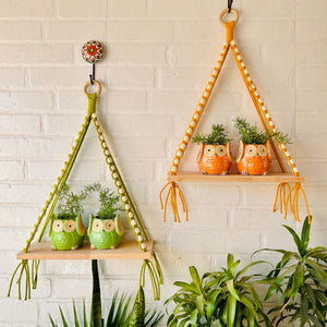 Colorful Macrame and beads shelf with two ceramic planters and one ceramic hook | Set of 2