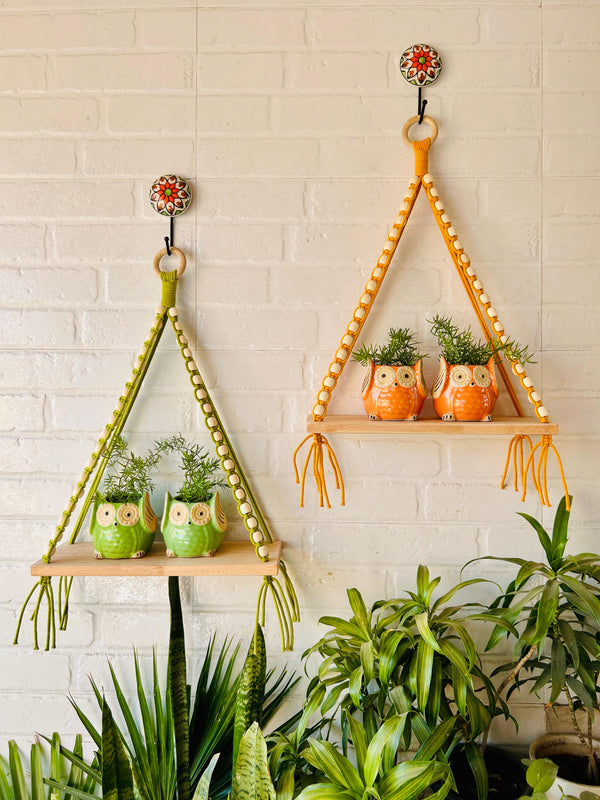 Colorful Macrame and beads shelf with two ceramic planters and one ceramic hook | Set of 2
