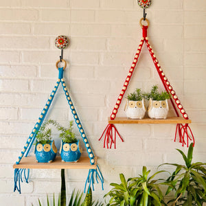 Colorful Macrame and beads shelf with two ceramic planters and one ceramic hook | Set of 2