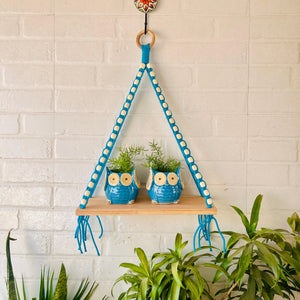 Colorful Macrame and beads shelf with two ceramic planters and one ceramic hook