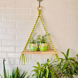 Colorful Macrame and beads shelf with two ceramic planters and one ceramic hook