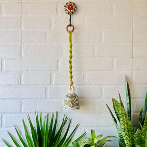 EVERGREEN | Ceramic Macrame Bell with Ceramic Hook - Green Yellow Flowers