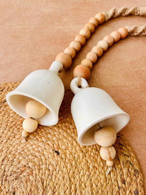 Boho Ivory Ceramic Bells with Ceramic Hooks| Set of 2 | Rustic & Serene Decor