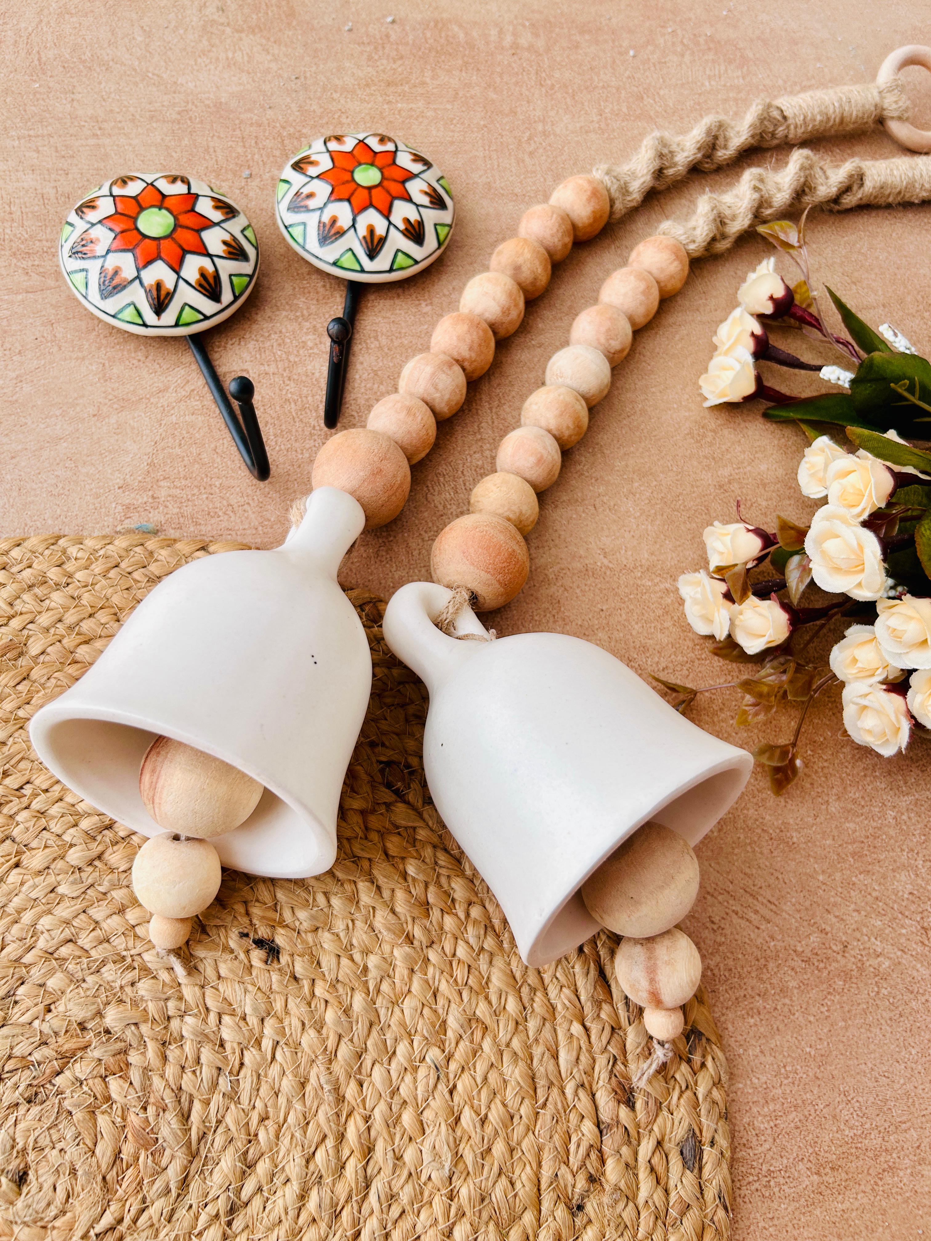 Rustic Serenity Wall Set with 2 Ceramic Macrame Ivory Bells  | Wall Decor