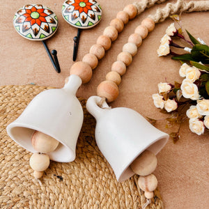 Rustic Serenity Wall Set with 2 Ceramic Macrame Ivory Bells  | Wall Decor