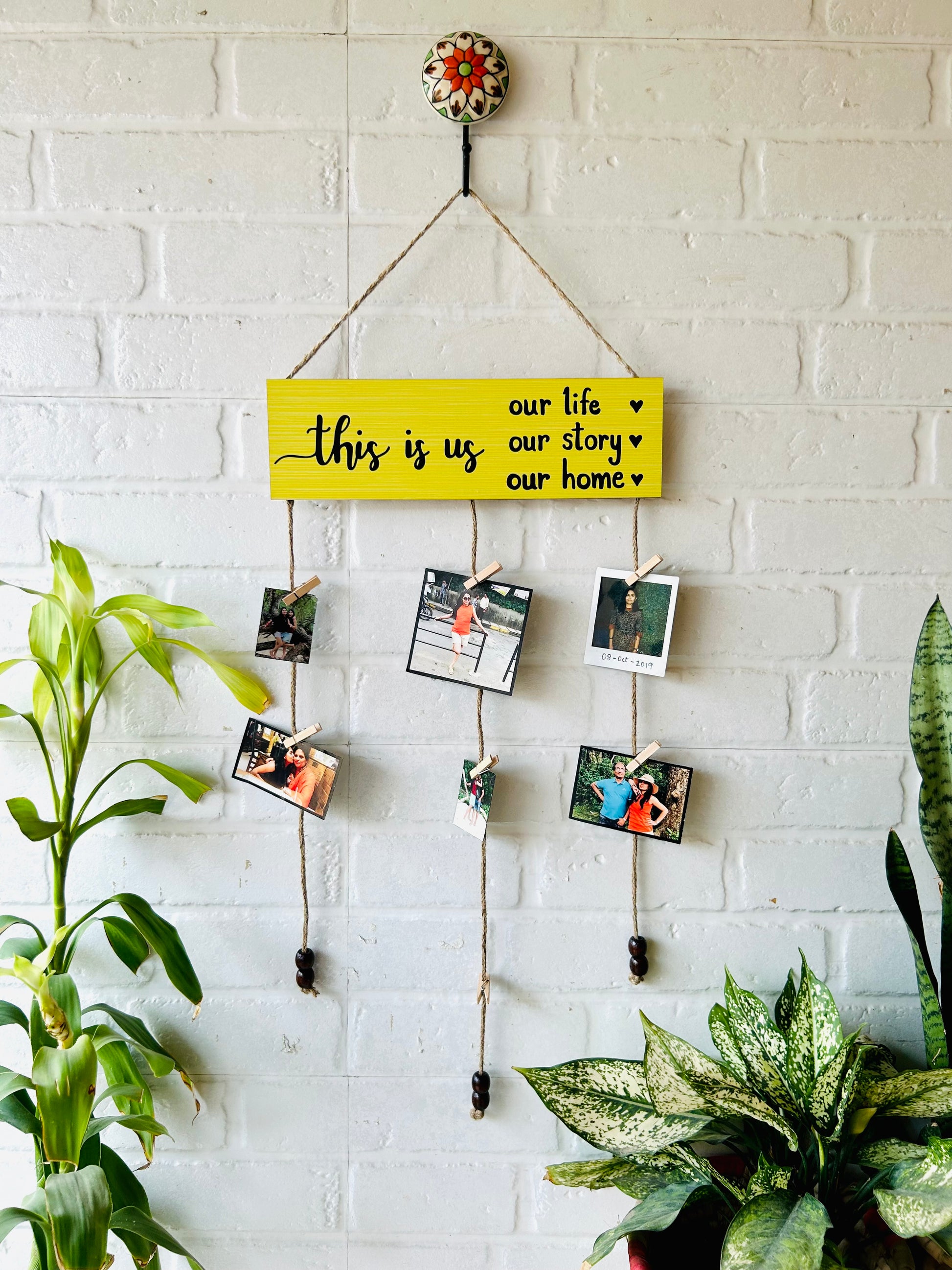 "This Is Us"" photo hanger with ceramic hook (Shades of Yellow)